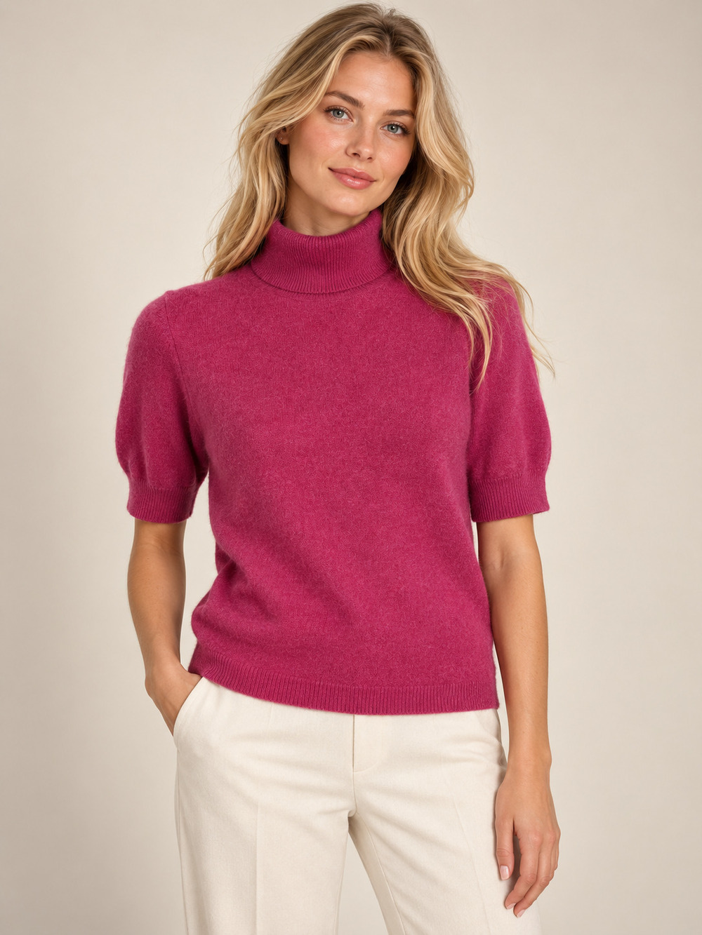 Ann Taylor Cashmere Short Sleeve Turtleneck Sweater Pink M #A6541